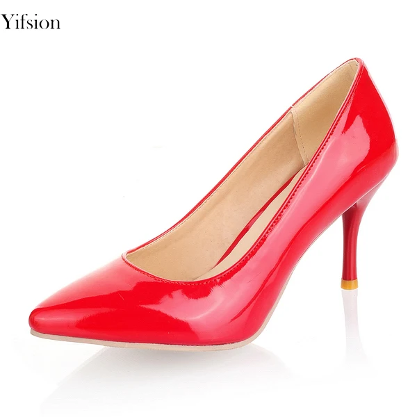 Olomm Hot Women Shiny Pumps Sexy Thin High Heels Pumps Pointed Toe Ladies Black Red Nude Party Office Shoes Women US Size 3-15