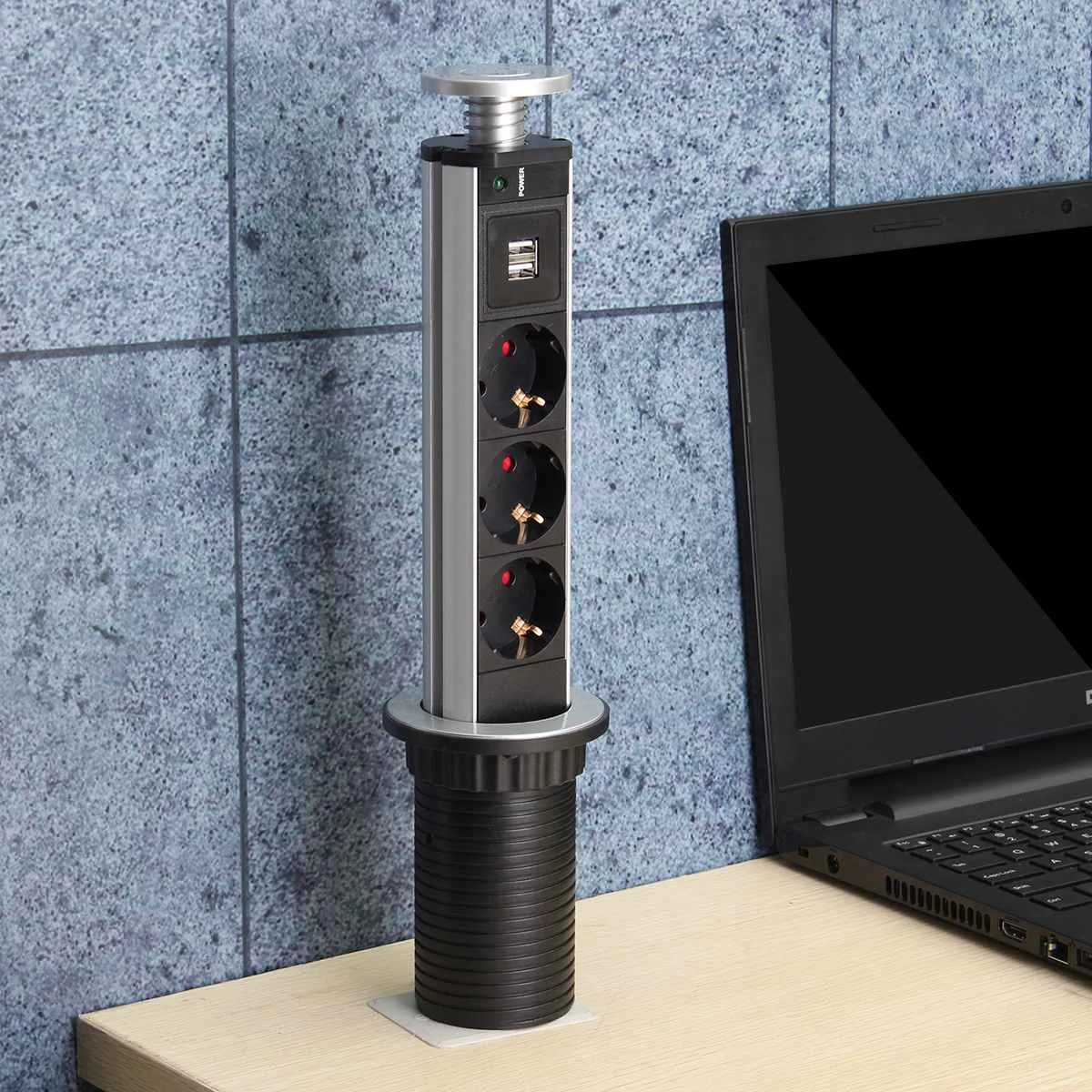 

3/4/5/6 power EU Plug Kitchen Table Electrical Socket Desktop Sockets 1 Led+2 charge USB Aluminum Shelf Silver/Black