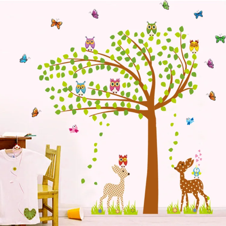 Leafy trees with fawn and birds wall decal sticker for nursery and home office