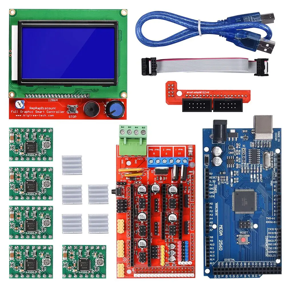 3D Printer Kit Mega 2560 R3 Control Board Ramps 1.4 Motherboard 12864 LCD Panel A4988 Stepper Motor Driver For 3D Printer Parts