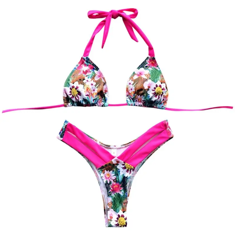 

Women Sexy Two Piece Bikini Set Bright Color Block Leopard Floral Patchwork Swimsuit Halter V-Neck Low Waist Double Waistband Bo