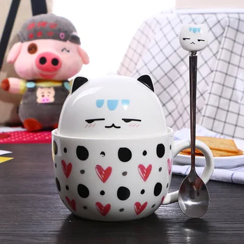 Kawaii Pink Cat Ceramic Mugs with Spoon 4