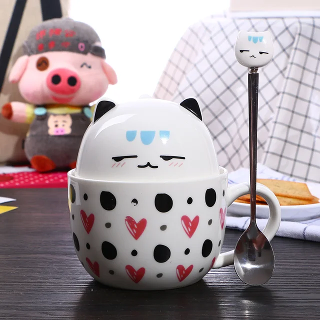 Kawaii Pink Cat Ceramic Mugs with Spoon 4