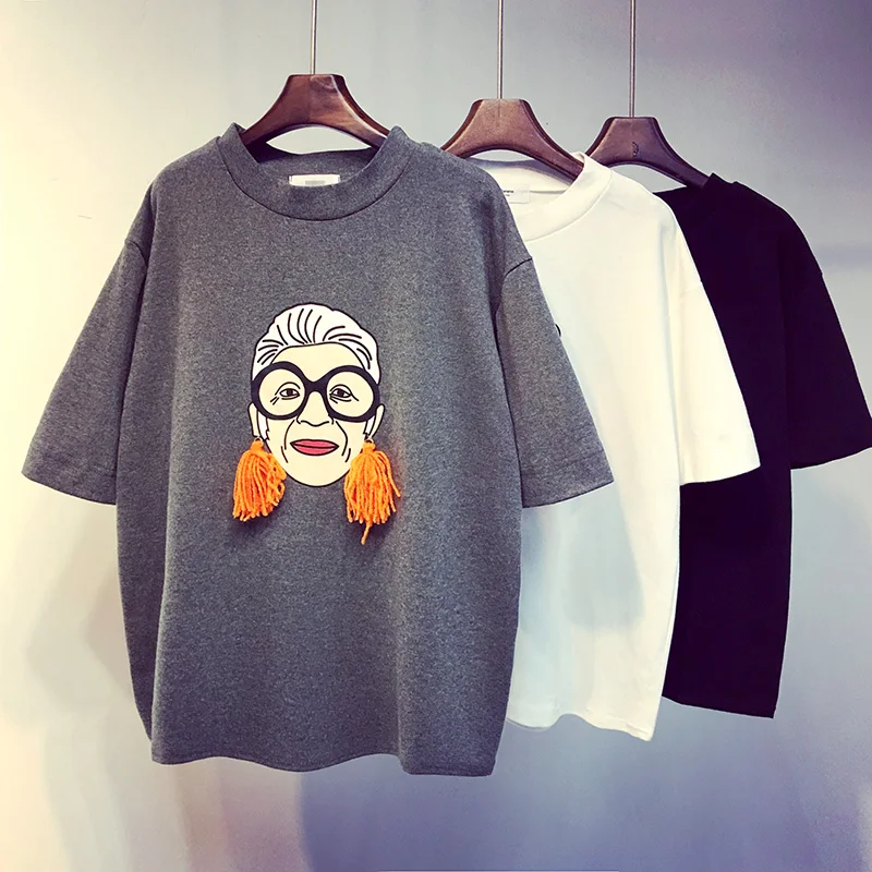 

2019 New Summer Fashion Short Sleeve Cotton Tshirts for Women Cartoon Tassel Printing Loose Basic Top Casual