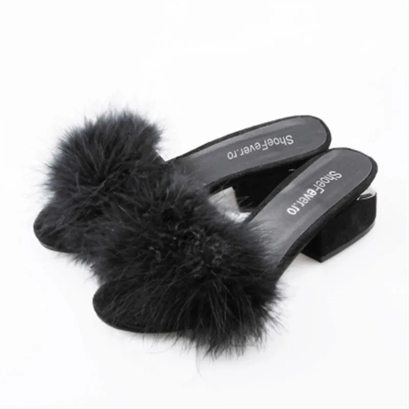 

Slipper female summer 2018 new hairy sandals rough heel with word casual summer fashion wear half drag shoes