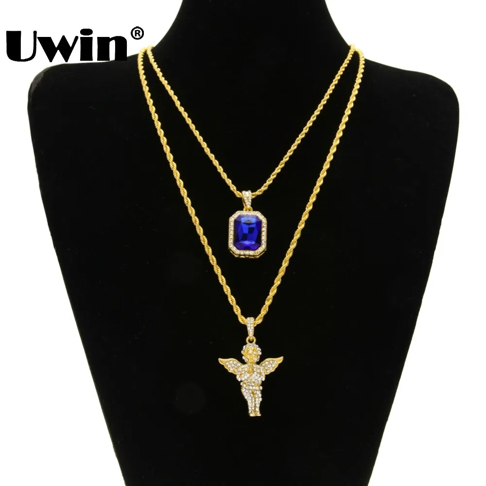 Men's Iced Out Hiphop Mini Red Blue Black Stone Pendant And Mini Jesus Head Bling Baby Angel Piece Wings Penadnt Necklace Set