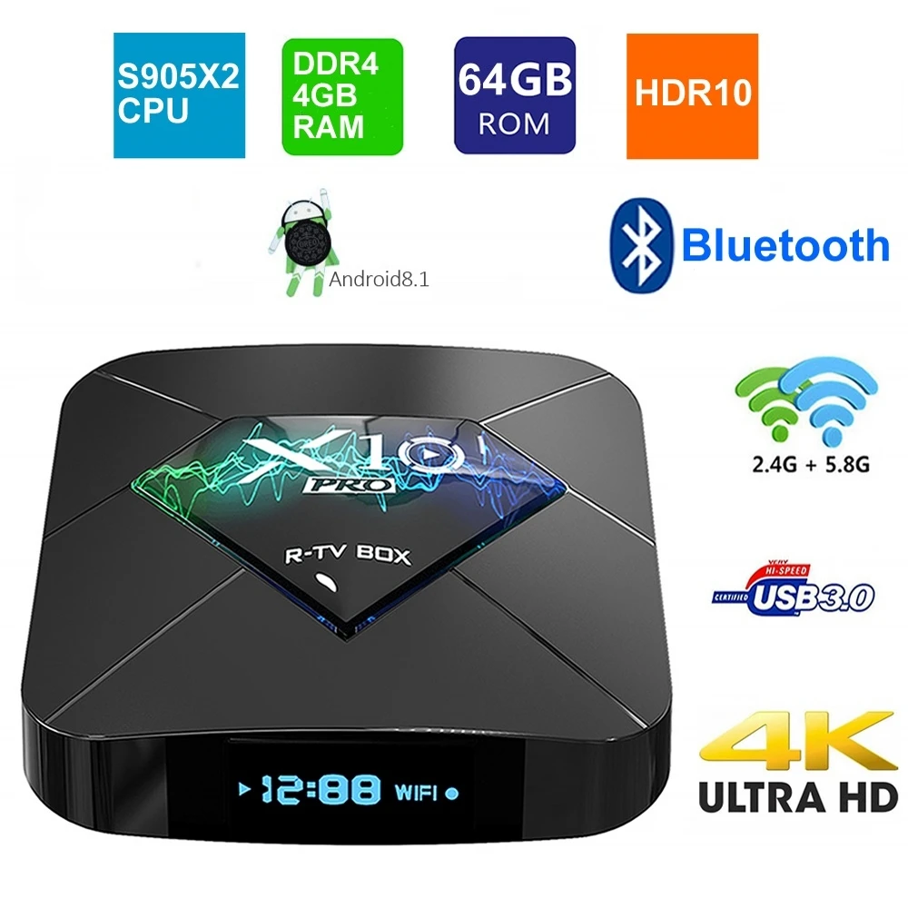 

Android 8.1 Smart TV BOX DDR4 4GB 64GB Amlogic S905X2 Quad Core 2.4G/5G Dual WIFI USB3.0 BT4.0 3D 4K HDR Media Player X10 PRO