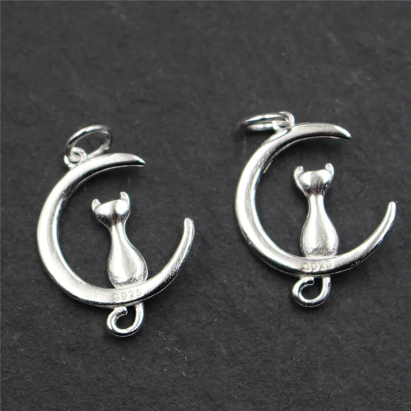 

Real 925 Sterling Silver DIY Accessories Moon Cat Charm Pendant Suit Bracelet Necklace Fine Jewelry Making