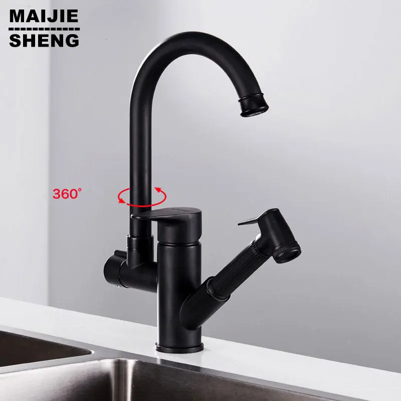 

Black painting kitchen faucet black sink mixer for kitchen hot and cold pull out kitchen mixer double function kitchen tap