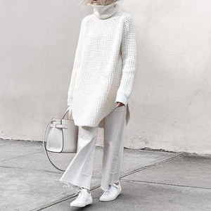 [EAM] 2019 New Spring Fashion Big Size Long Sleeve Turtleneck Knitting Thicken Casual Solid Split Sweater Woman BL811
