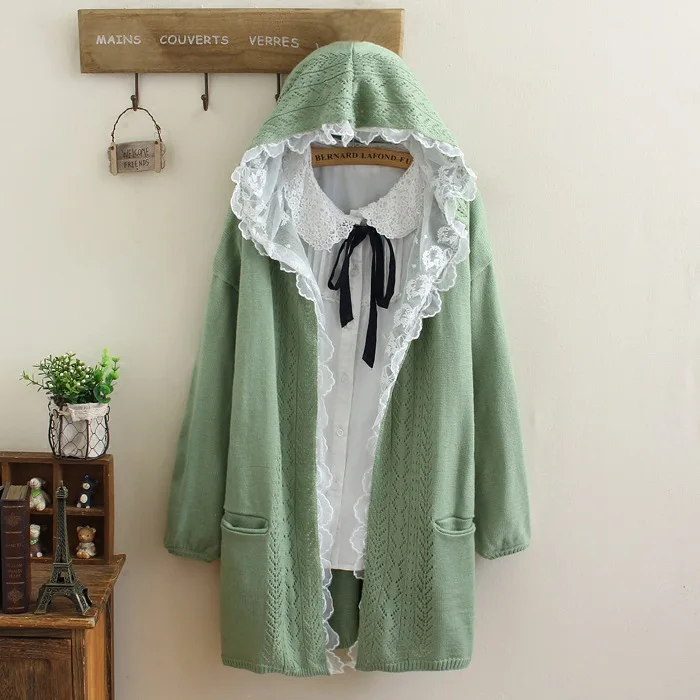 

Mori Girl Sweet Lace Patchwork Knit Long Cardigan Women Spring Autumn Hooded Sweater Cardigan Manteau Femme Knitwear Outercoat
