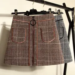 Женская клетчатая юбка выше колена Мини Карманы офис леди на осень-зиму женский 2018 новый хаки цвет талии zipper A-Line skirt