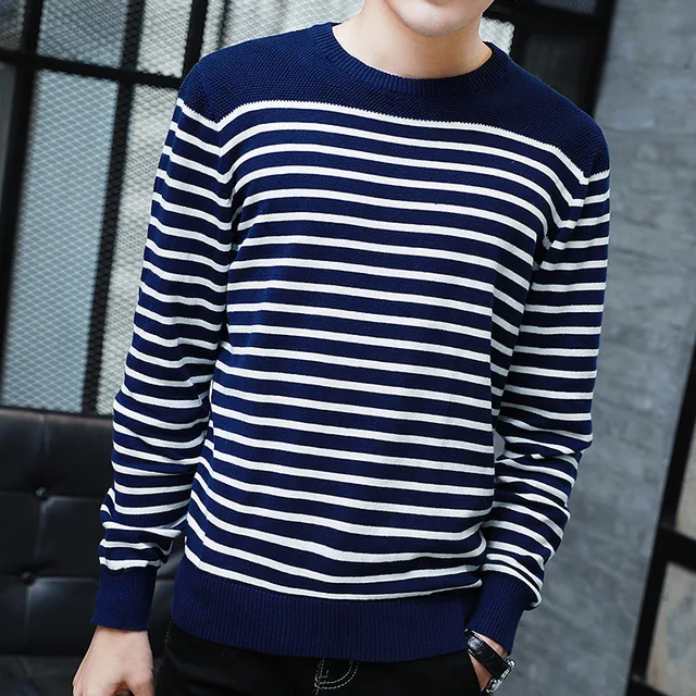 2019 Autumn Brand New White Striped Sweater Men Round Collar Slim fit ...