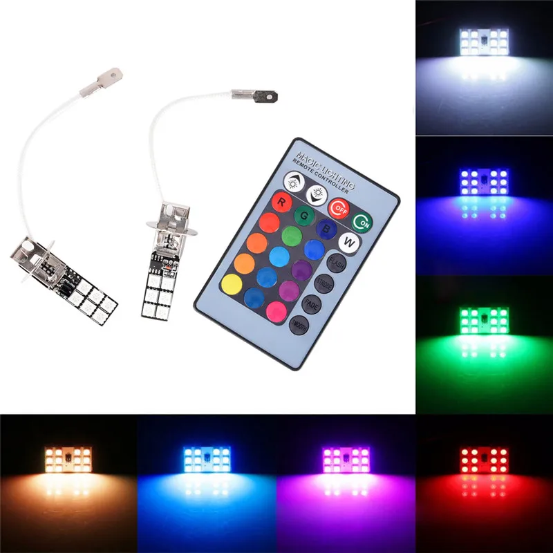 

2X RGB Colorful LED Headlamps H3 5050 LED 12 SMD RGB Steering Lights Fog Lights Daylight Indicators With Remote Control