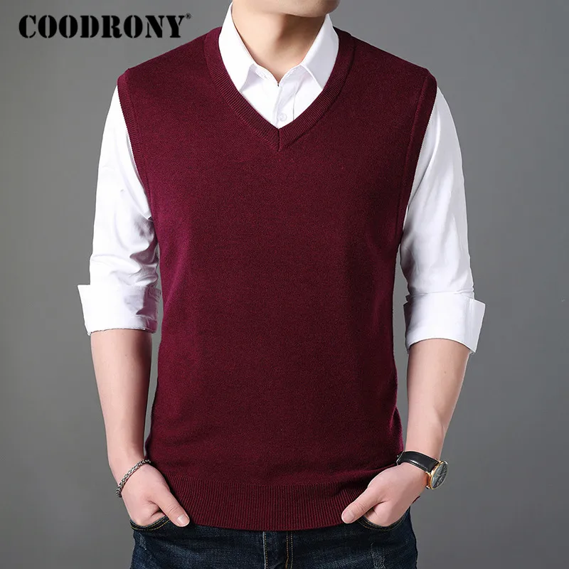 COODRONY الكلاسيكية الخامس الرقبة سترة دون أكمام الرجال الكشمير رداء علوي من الصوف الرجال الملابس 2018 الخريف الشتاء الأعمال عارضة سحب أوم 8145