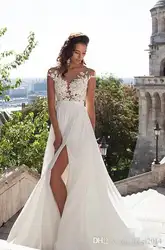 2019 белый кружево Scoop Формальные женские свадебное платье трапециевидной формы шифон свадебное пляжная одежда брак