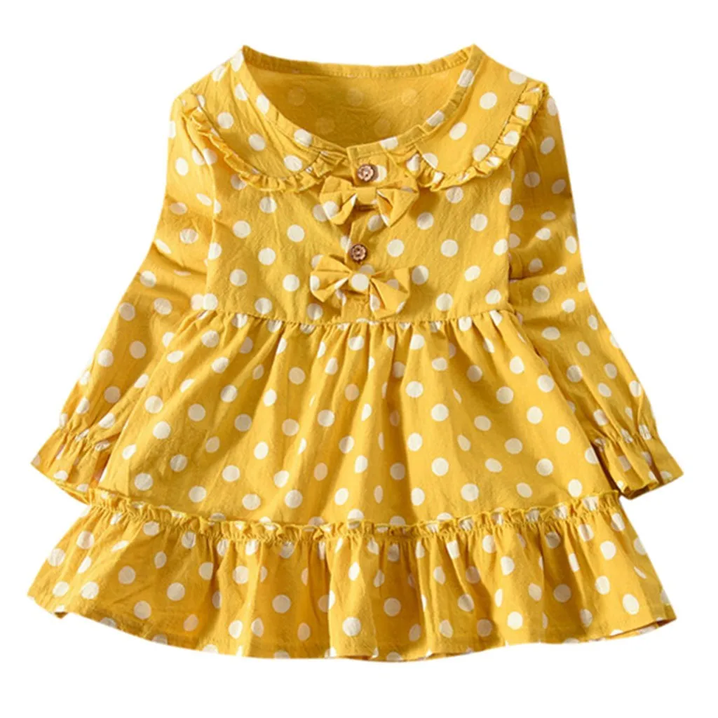 Г. ARLONEET, новое летнее платье сетчатая одежда для маленьких девочек, с длинными рукавами, с рюшами, в горошек, с двойным бантом, одежда Z0205 - Цвет: Цвет: желтый