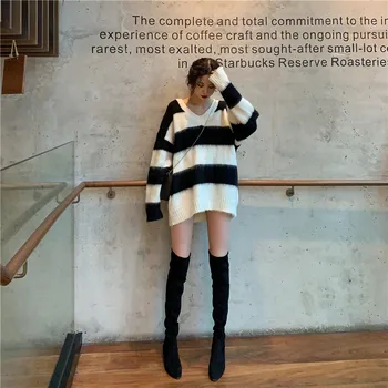 

Lychee Girls Striped Women Long Mohair Sweaters Long Sleeve Deep V Neck Female Sweater Autumn Winter Sweet Warm Sweater Pullover
