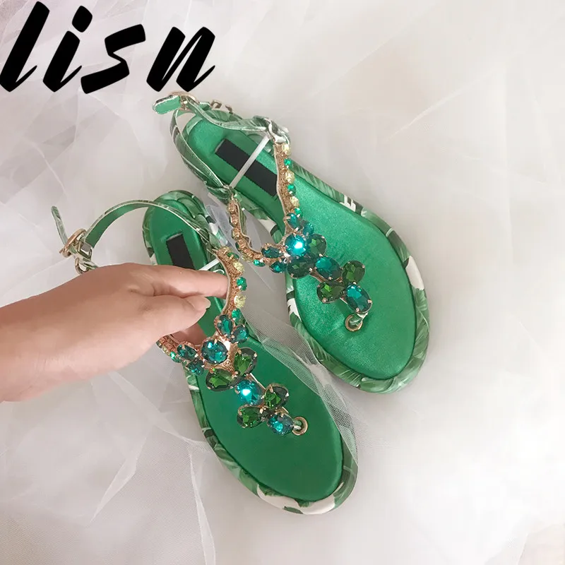 

Loney New Genuine Leather Brand Designer Printed Floral Summer Spring Sandals Open Toe Crystal Diamond Low Heel Sandals Shoes