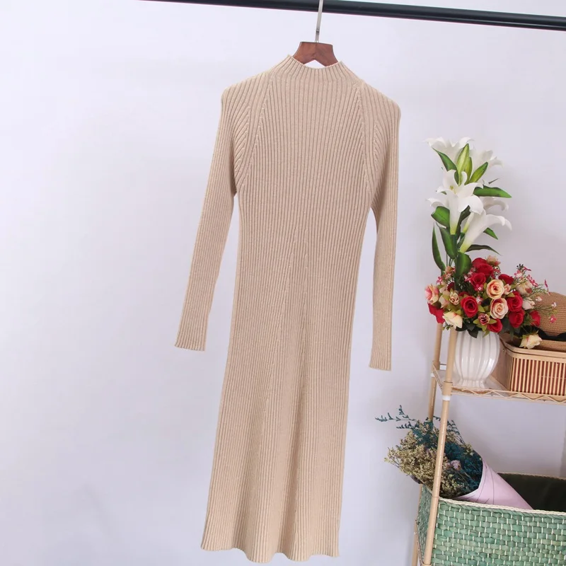 ONLYSVTER Women Autumn Winter Sweater Knitted Dress Thick Warm Knee-length Dress Rib Slim Female Dress