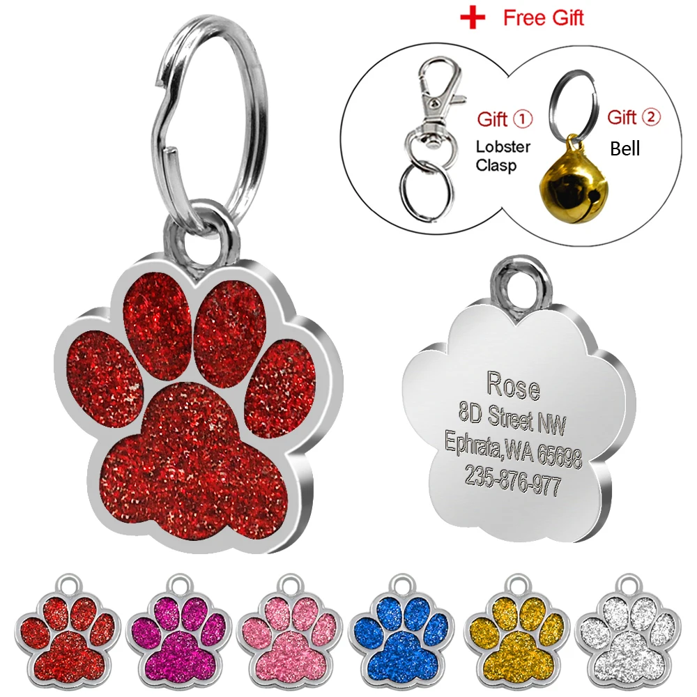 Glitter Vlastní Pet Dog Tag Personalizované rytých psů Cat ID Tagy Zdarma Hook & Bell růžová modrá stříbrná červená Barvy tvaru paw