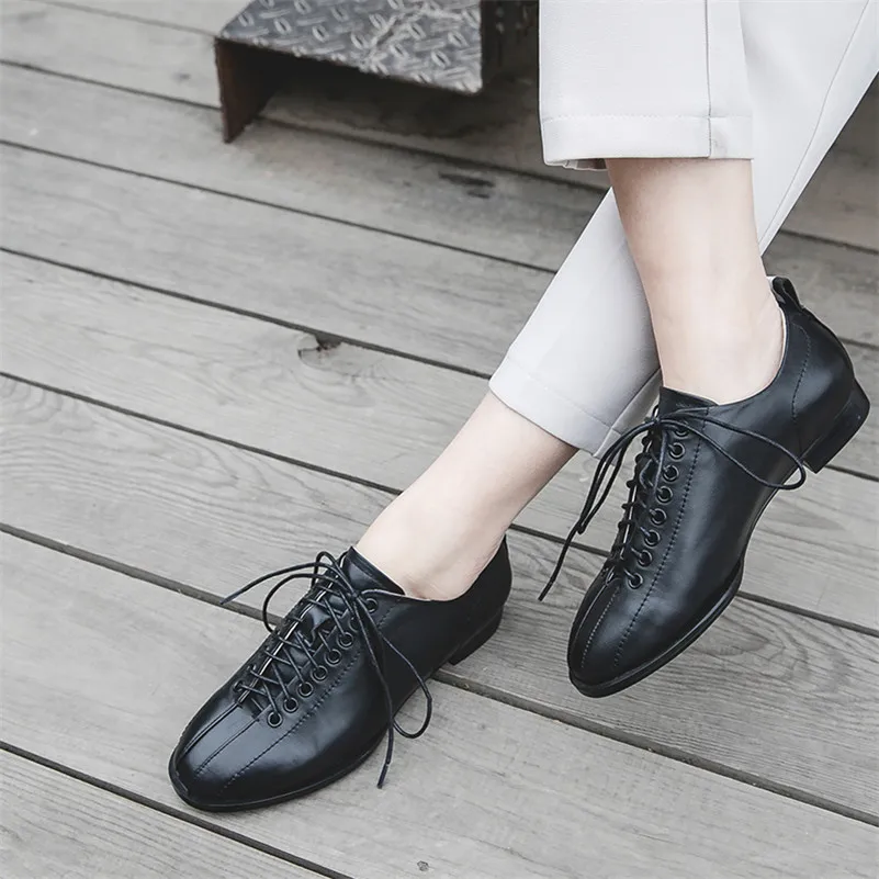 Con Básicos Cómodos blanco Mujer Suave Calidad Planos Alta Conasco De Zapatos Casuales Cordones Redonda Genuino Negro Mujer Para Cuero Punta Atados XZWfTRU