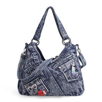 

women handbag female denim top-handle tote bag ladies shoulder crossbody bag large messenger bag with rivets