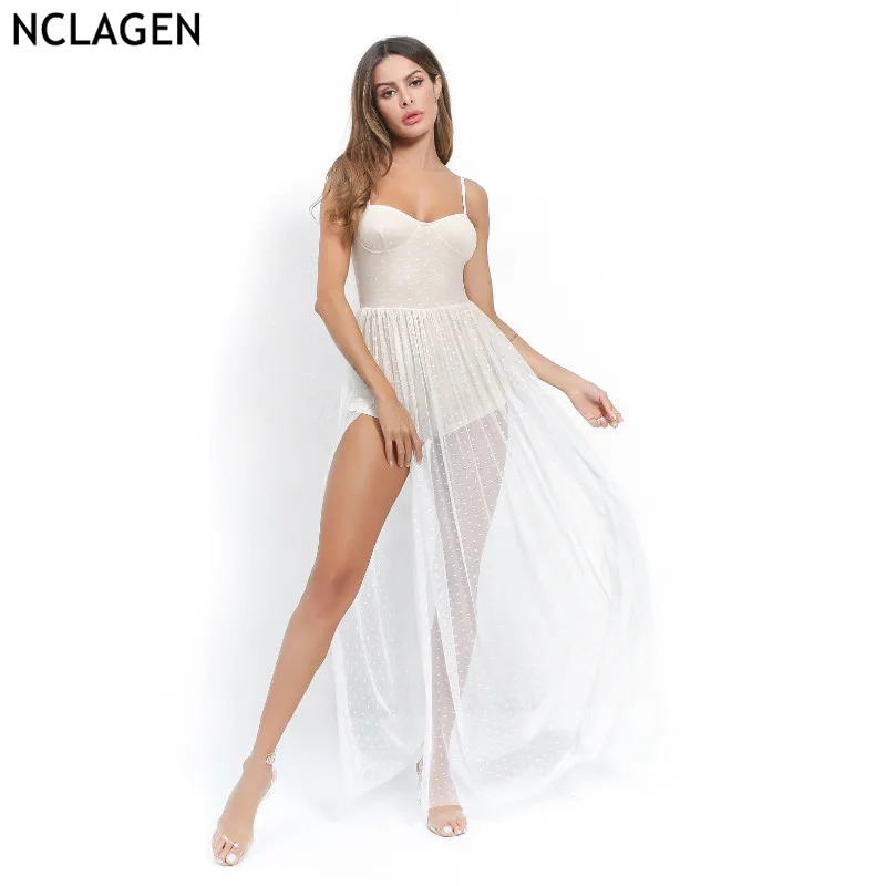 

NCLAGEN 2019 Sexy See Through Mesh Patchwork Polk Dot Spaghetti Strap Playsuits Rompers Women Boho Beach Bustier Push Up Outfits