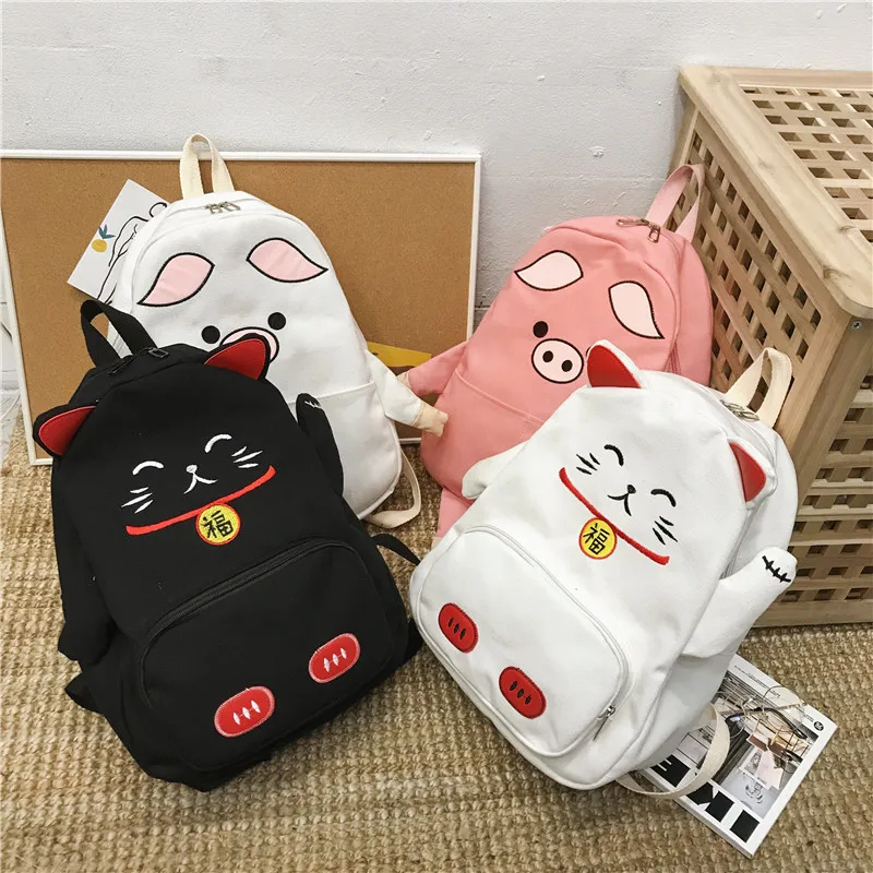 Menghuo Cute Cat Canvas Backpack Cartoon Women Backpacks for Teenage Girls School Bag Fashion Black Pink Pig Rucksack mochilasFBLF8825
