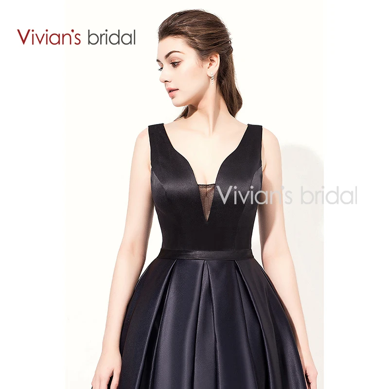 Vivian's Bridal Double V Neck Sleeveless Satin A Line Evening Dress Long Print Flower Prom Dress Formal Evening Gown ED200-11
