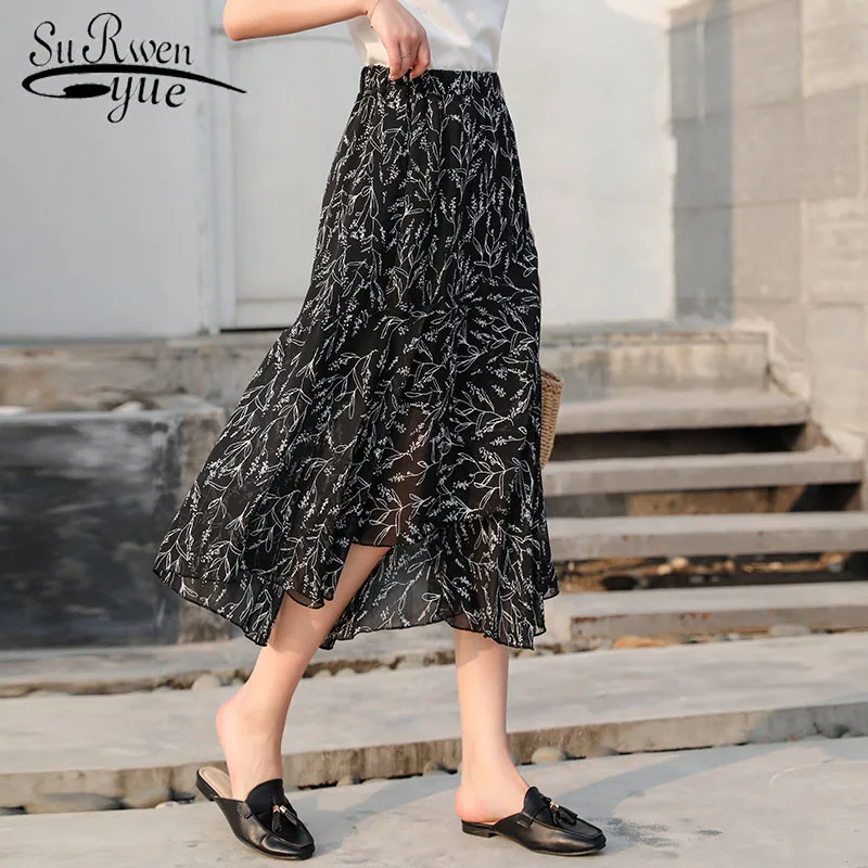 

Fashion summer women skirt 2019 Elastic high waist floral skirt elegant ladies skirt female black and white skirt 3036 50