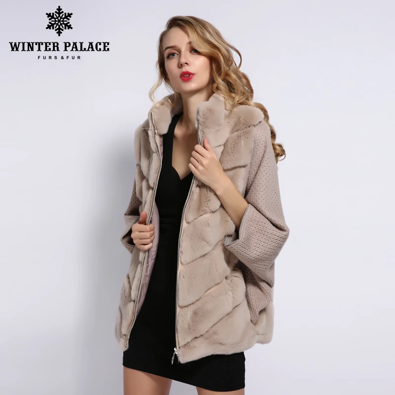 Günstig WINTER PALACE 2019 frauen Winter Kaninchen Fell Mantel Bat Stehkragen Kaschmir Nähte Ärmeln Kurzarm Jacke rea fell mantel