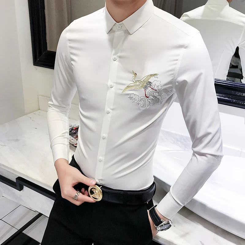 2018 Spring Men's Casual Long sleeved Shirt , fashion Printed Tight ...