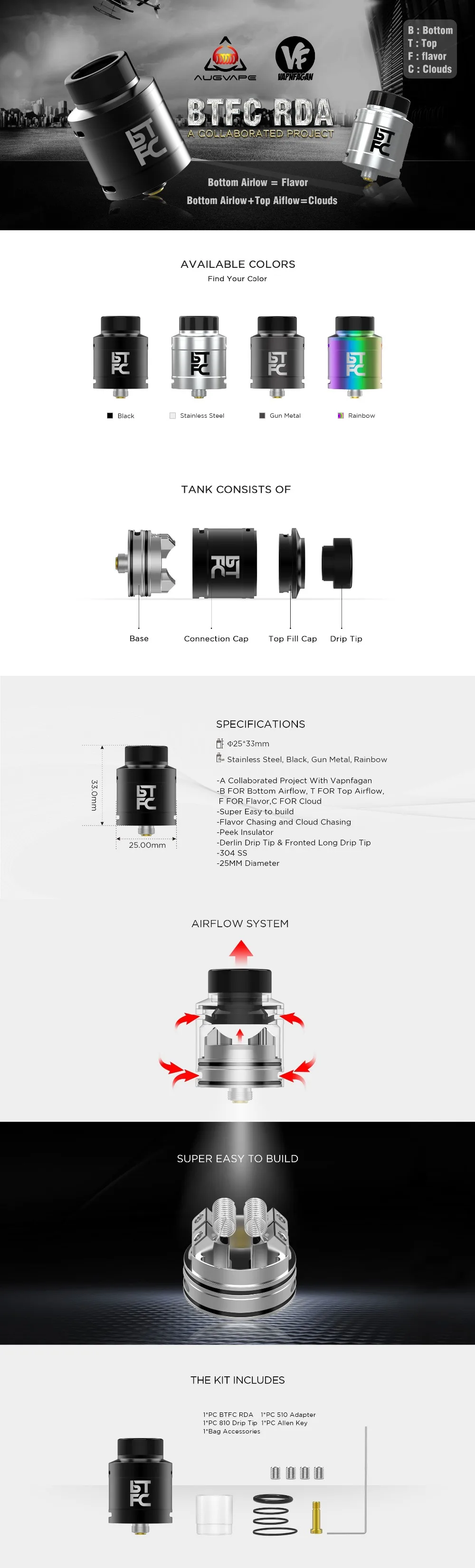 Augvape BTFC RDA распылитель 25 мм диаметр 33 мм высота верхний нижний воздушный поток аромат чеканка электронная сигарета распылитель для электронной сигареты резервуар