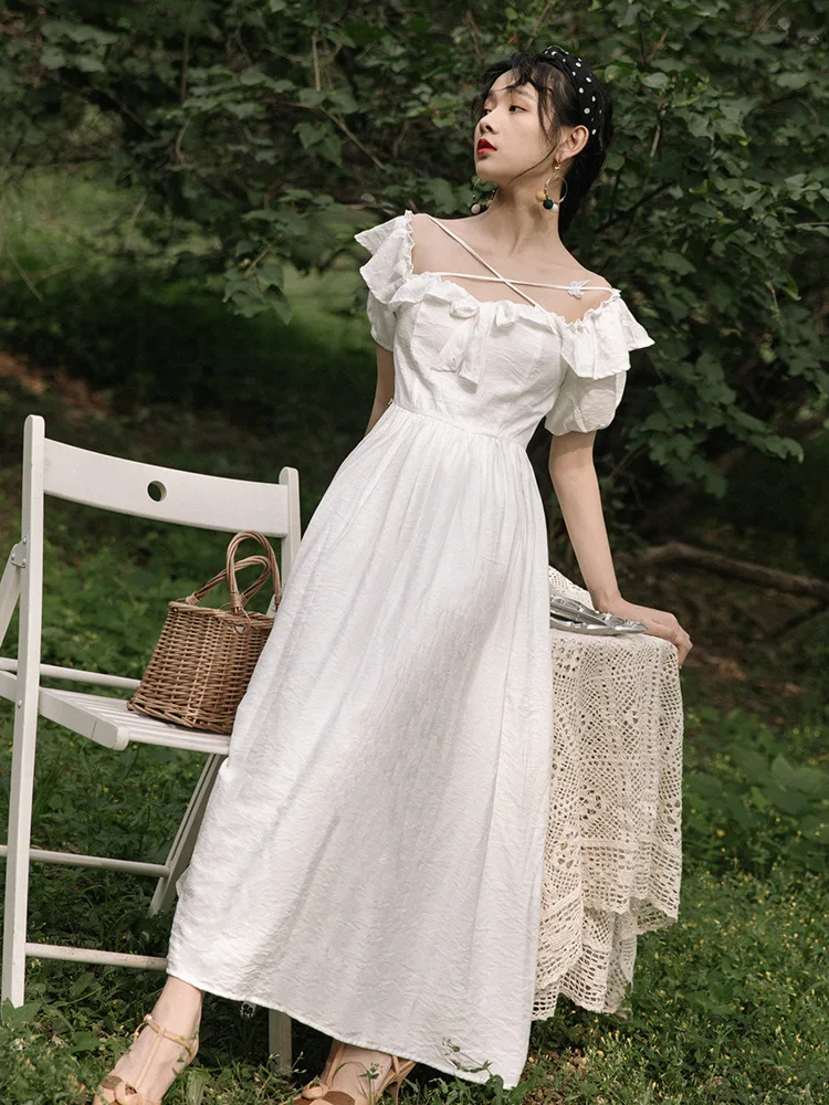 Ubei Summer very fairy French square collar retro temperament girl white dress women fashion high waist long dress
