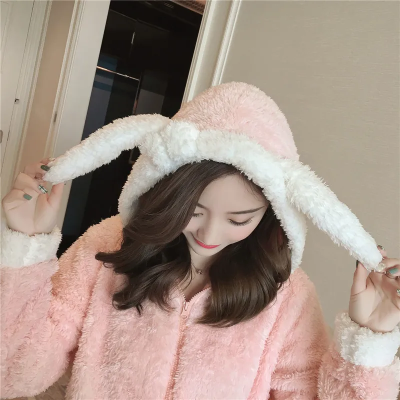 Women Pajamas Winter Autumn Flannel Suits Cartoon Sleeping Clothes Two Piece Zipper Hooded Warm Nightys 2018 Female Pajama JW304
