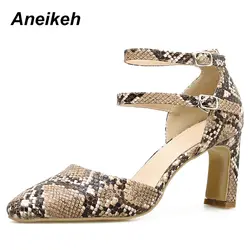 Aneikeh/2019 весенние классические туфли-лодочки из искусственной кожи Для женщин Сплошной серпантин Туфли с ремешком и пряжкой обувь на