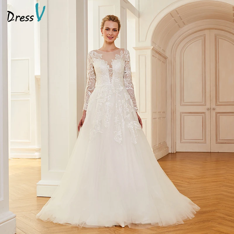 Dressv Ivory Wedding Dress Scoop Neck Court Train Long Sleeves
