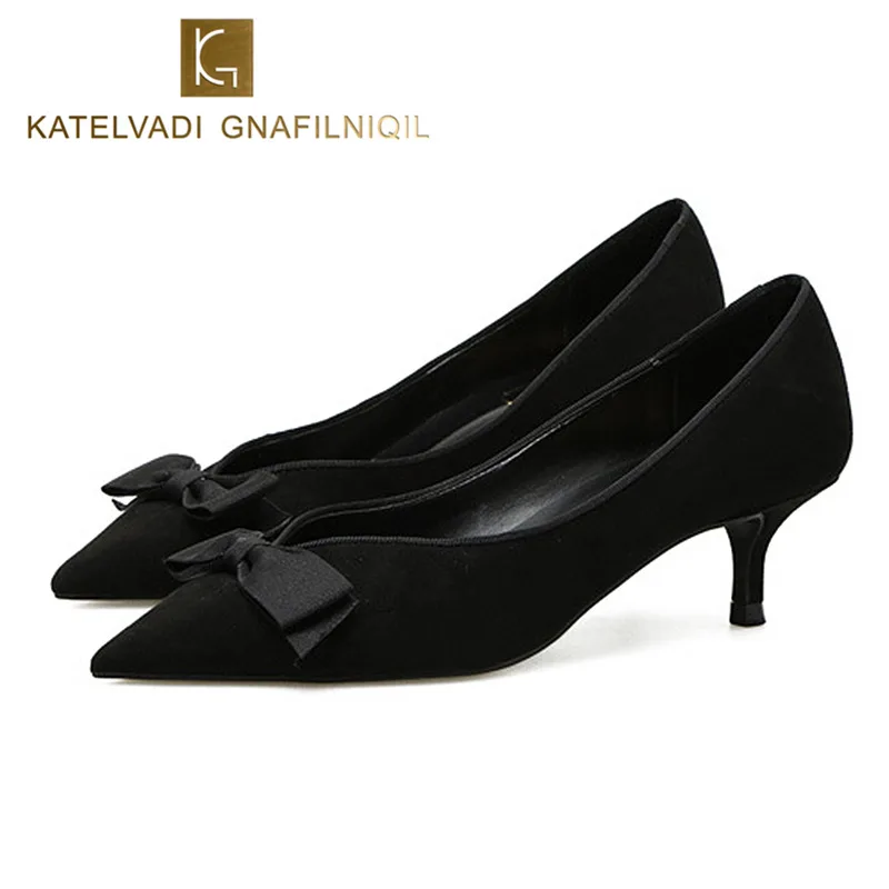 

Autumn Shoes Woman Black Women Pumps Med Heels Ladies Shoes Butterfly Knot Sexy Pointed Toe Sexy Office Lady Work Shoes K-183