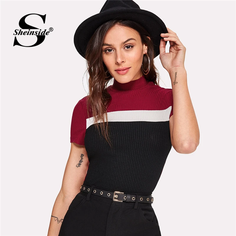 

Sheinside Color Block Ribbed Tee 2018 Summer Women Stand Collar Slim Fit Elegant T-shirt Office Patchwork Short Sleeve Top