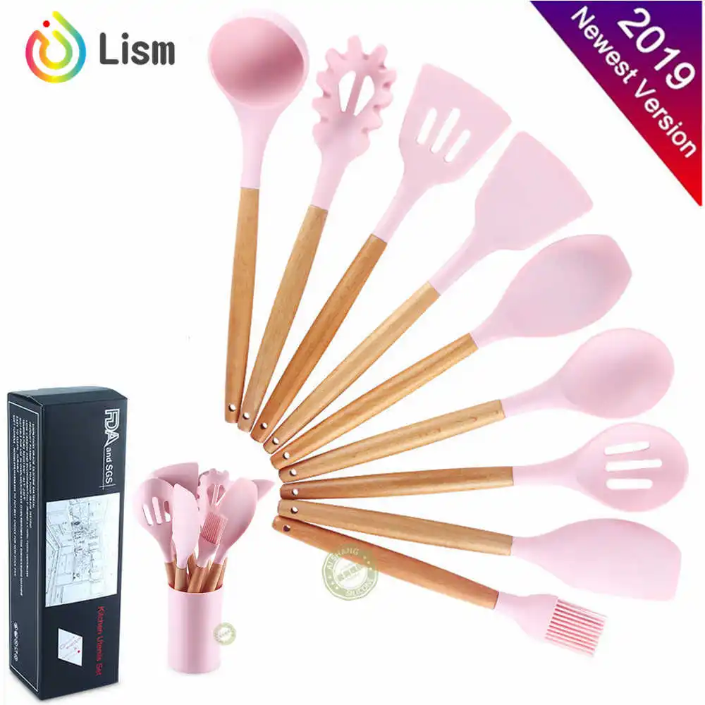 

Kitchen Utensils Set Pink Cute 9 Piece Cooking Utensil Silicone Baking Tools Kitchenware Wooden Cookware Spatula Set with Holder