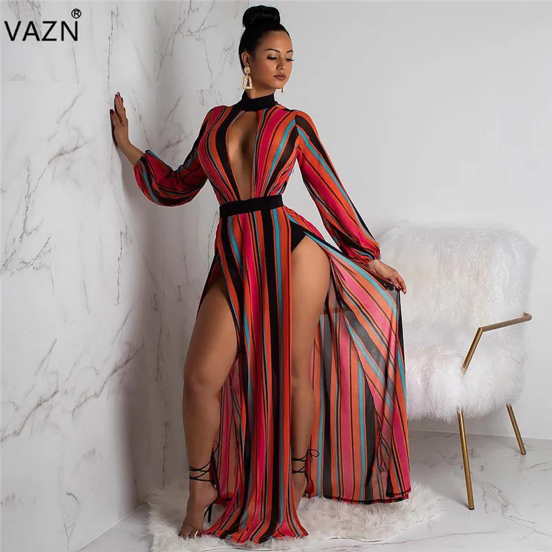 

VAZN new fashion hot sales sexy striped high split maxi dress women full sleeve o-neck long dress lady hollow out dress FNN8175