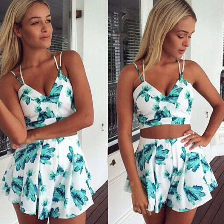 Women Rompers Floral Sleeveless Casual Tops Shorts Two Piece Outfits Jumpsuits Playsuits 
