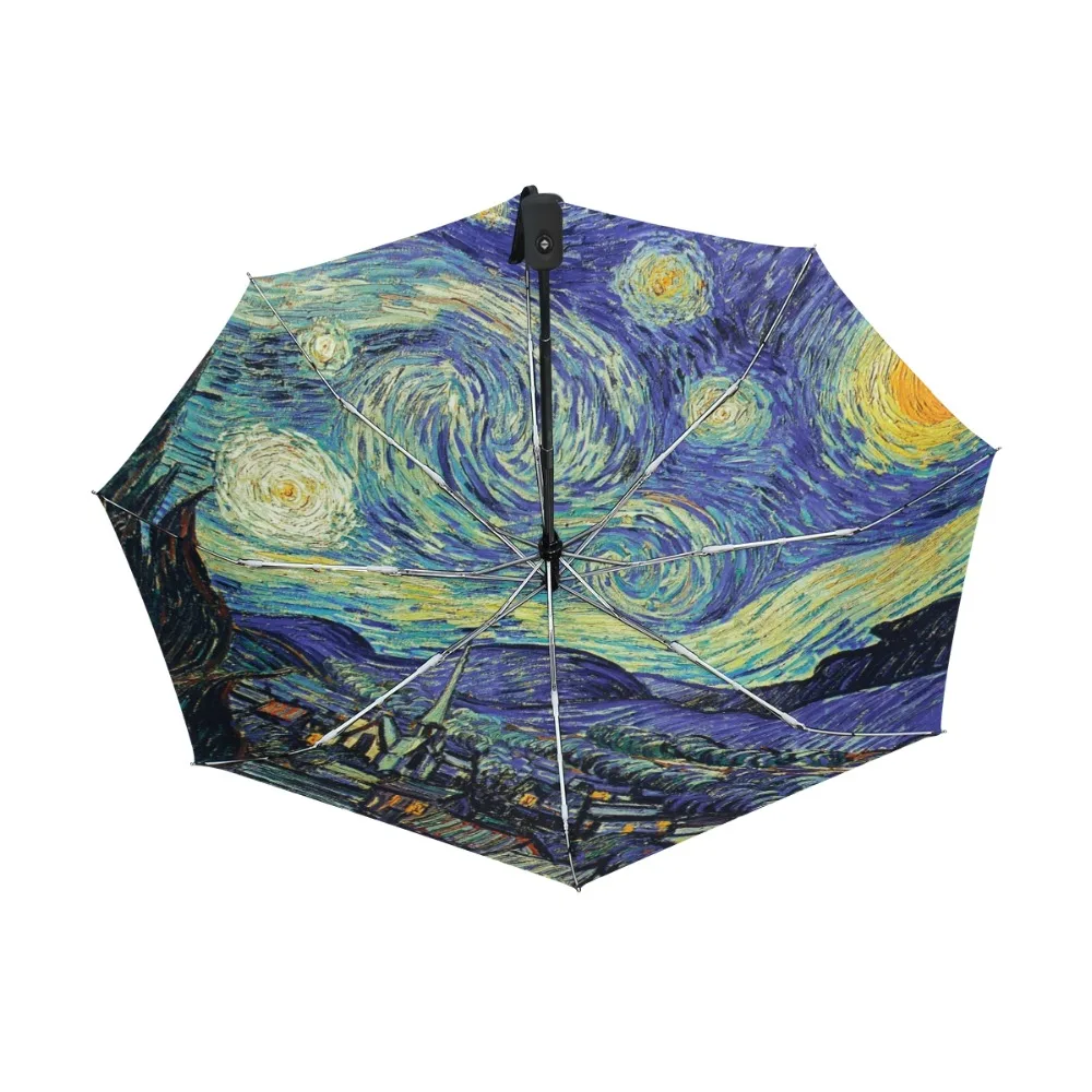 Paraguas revestimiento para hombre, sombrilla de noche estrellada con pintura Van Gogh, UV, 3 pliegues, automática| | - AliExpress