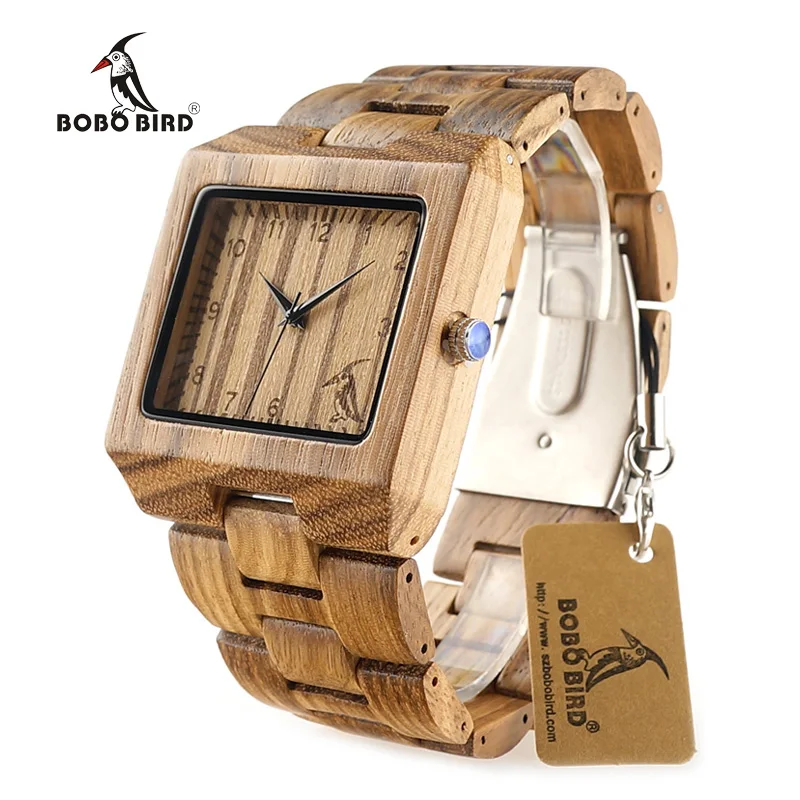 BOBO BIRD Rectangle Zebra Mens Wooden Wrist Watch Top Brand Luxury Quartz Watches with Full Wooden Band in Gift Box