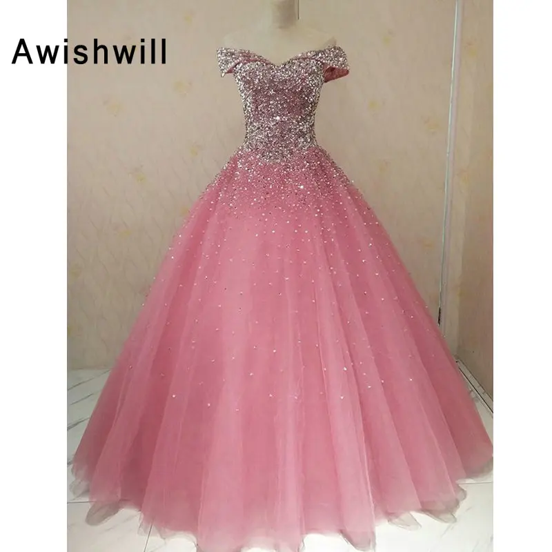 Pink Long Prom Dress Ball Gown Floor Length Lace-up Back Sequin Beaded Tulle Cap Sleeve Gorgeous Formal Party Evening Dress