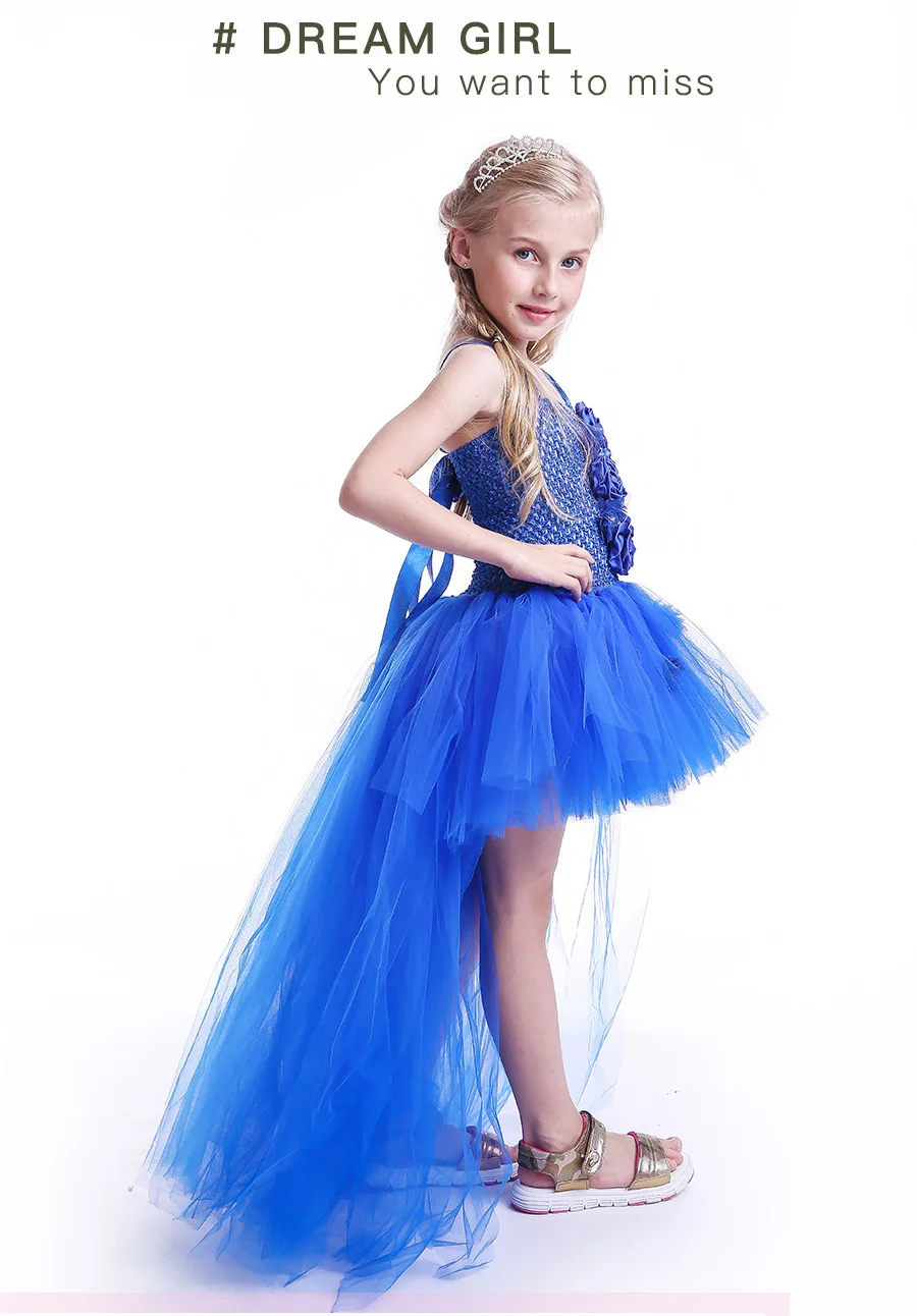 Royal Blue Flowers Girls Tutu Dress High Low Ice Princess Tulle Dress for Wedding Pageant Party Handmade Baby Photo Costume (5)