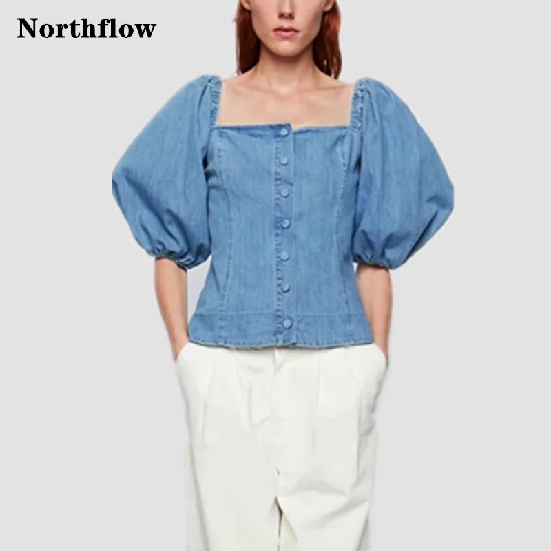 

Northflow 2019 blusas blouse mujer de moda kimono washed denim solid square collar puff sleeve blouses plus size womens tops