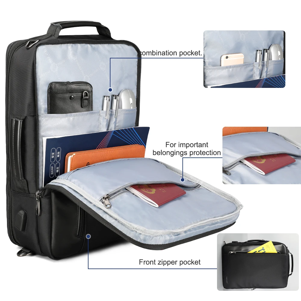 Moda para hombre 15,6 pulgadas multifunción Nylon repelente al agua 4 en 1 negocios USB Laptop mochila hombre mochila