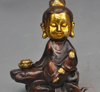 

7" Old Chinese Buddhism Joss bronze Copper Gilt Kwan-yin Guanyin Goddess Statue